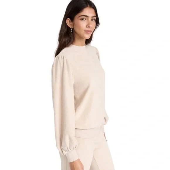 SUZIE KONDI Perissa Puff Shoulder Long Sleeve Velour Pullover NWT Dorset Tan - Picture 2 of 10